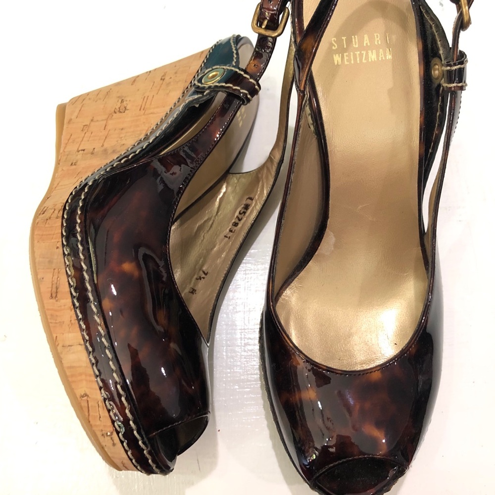 Stuart Weitzman brown patent tortoise cork wedges